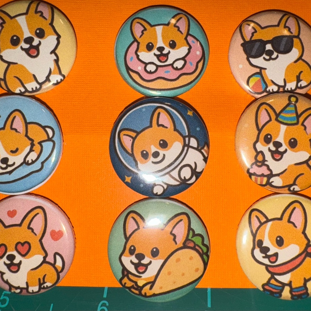 Corgi Dog Button Pins – 1” Cute Kawaii Animal Set of 9